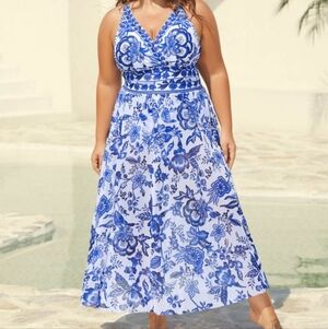 Floral Blue and White Swim Set